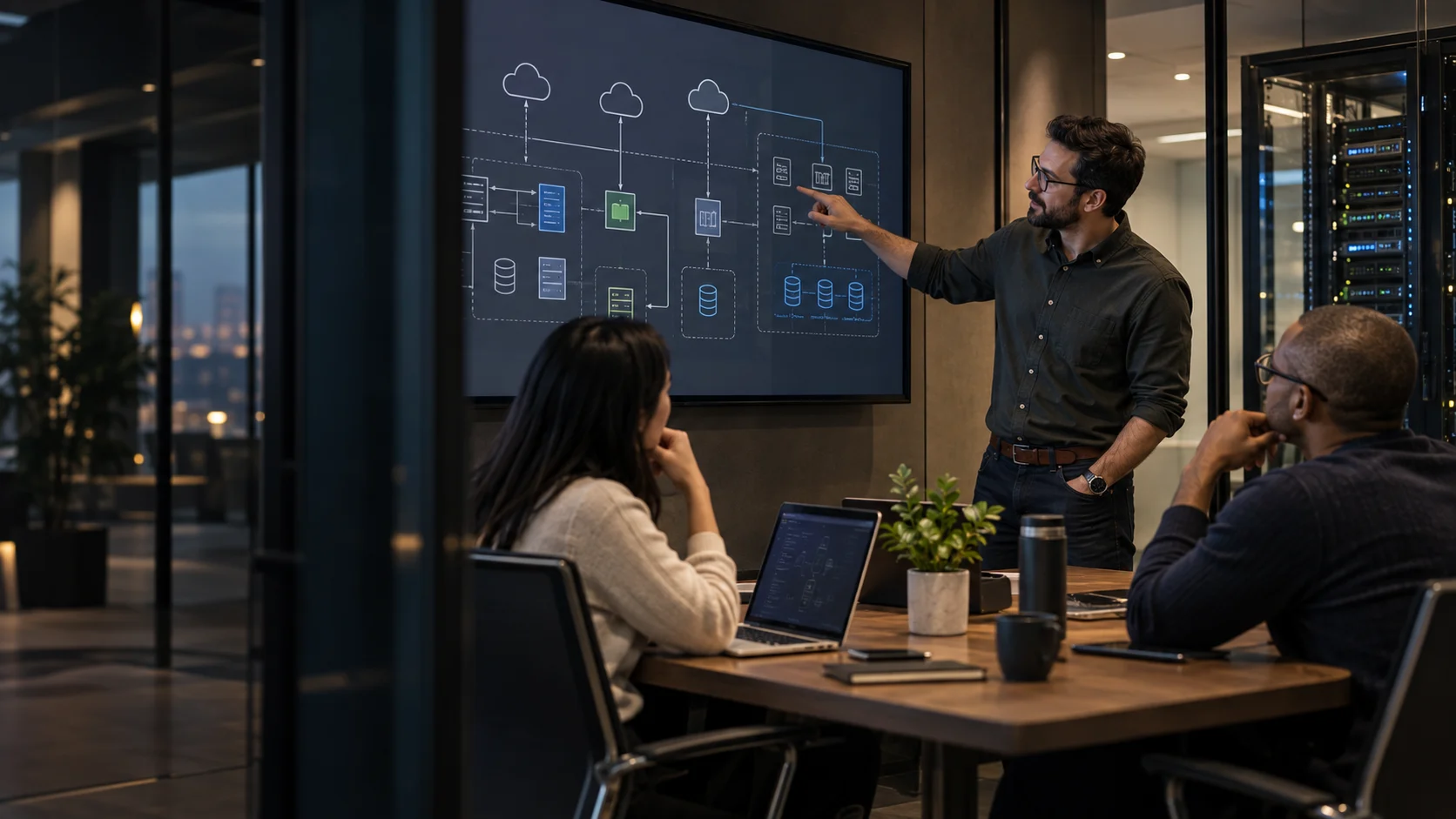 Escena ilustrativa de un equipo técnico revisando una arquitectura empresarial