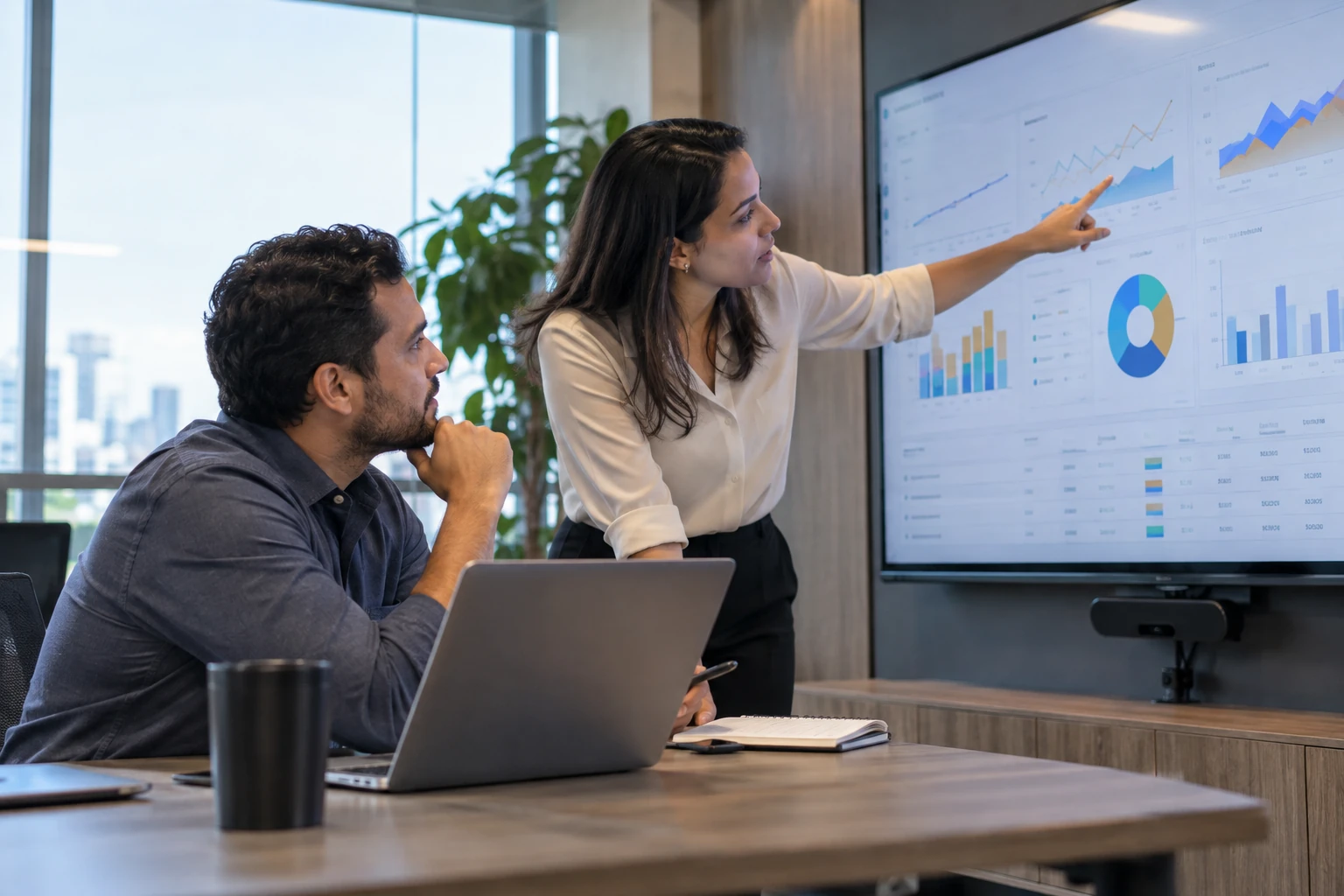 Escena ilustrativa generada para G-BIZ: Profesionales revisando indicadores y analítica de TI. Contexto de Analytics Plus.
