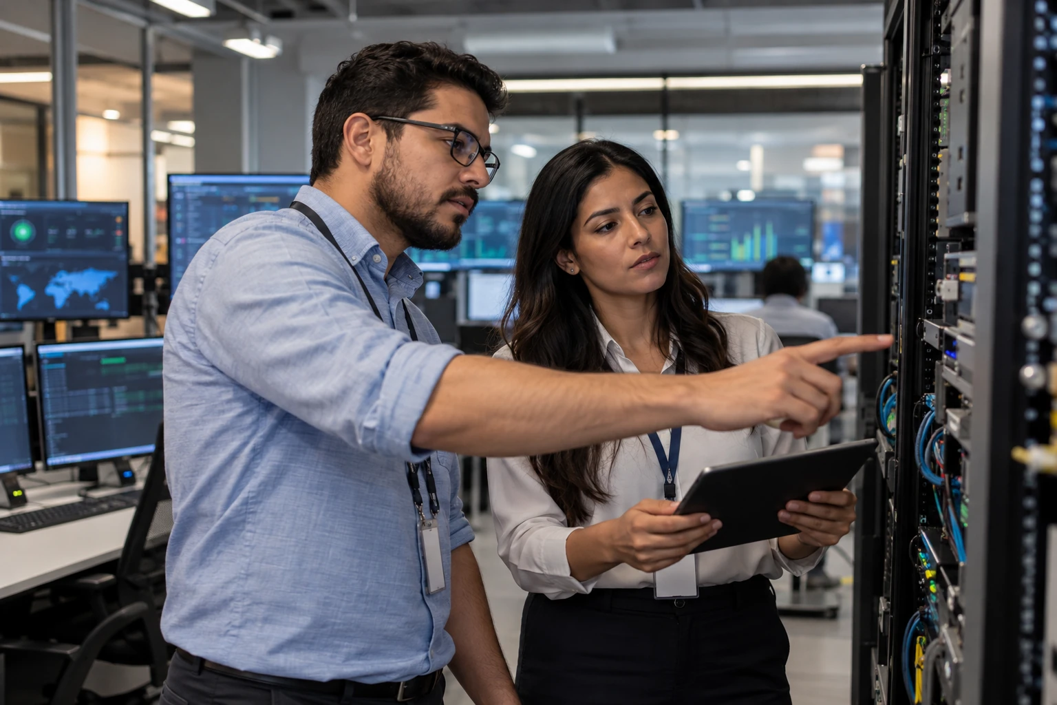 Escena ilustrativa generada para G-BIZ: Equipo de TI revisando la operación tecnológica y sus tableros. Contexto de .
